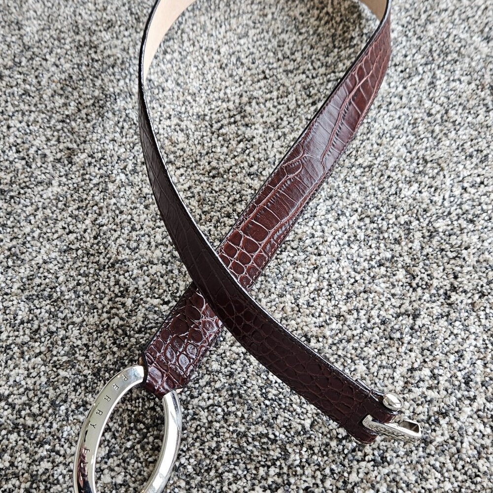 Perry Ellis Dark Brown Croc-Embossed Leather Belt with Silver O-Ring